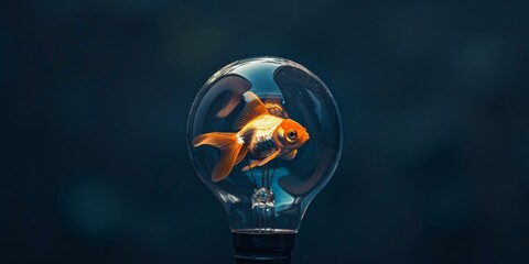 A goldfish inside a light bulb on a dark background. Generative AI.