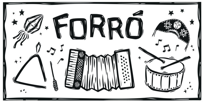 Hand-drawn Forró musical instruments in Brazilian cordel style.