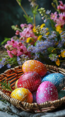 Obraz na płótnie Canvas Colorful easter eggs in a basket with flowers on dark background