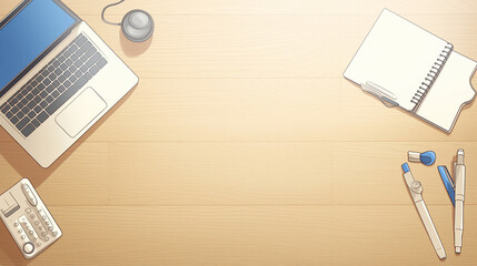 Top view of wooden office desk table with laptop, supplies and coffee cup. Mock up