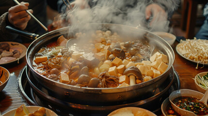 A steaming hot pot filled with a variety of meats vegetables and tofu sits in the middle of the table inviting guests to share in the communal meal and celebration of Chinese