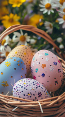 Easter pastel eggs in a basket with daisies on a wooden background