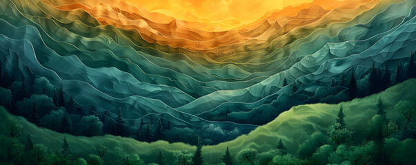 A surreal landscape with layers of mountain ranges illuminated in the golden hue of sunset, organic lines, nature landscape banner, wallpaper, background