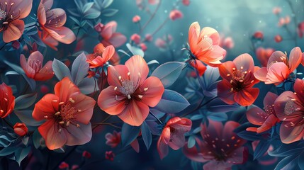 Fototapeta na wymiar 3D flowers painted bright scenery