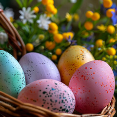 Fototapeta na wymiar Easter eggs in a basket with flowers on a wooden background.