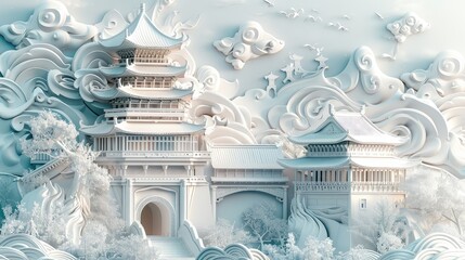 white background, clouds and Chinese architecture  - obrazy, fototapety, plakaty