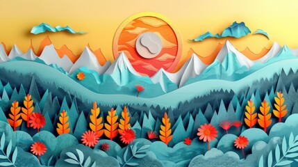 nice landscape in a playful and colorful 2d illustration style paper art