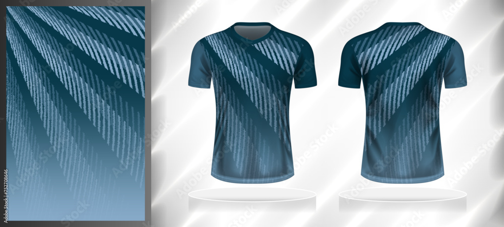 Wall mural Vector sport pattern design template for V-neck T-shirt front and back with short sleeve view mockup. Dark and light shades of blue color gradient abstract texture background illustration.