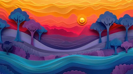 Colorful dreamscape with trees and a sunset, all made of paper cutouts