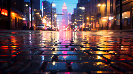 Rainy city street at night, bokeh lights background