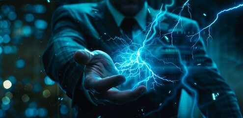 Man in suits, holding electrical wire with lightning bolts in his hand