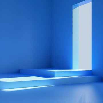 abstract blue background of an empty corner of the room with falling light from the window on the podium for presentations.