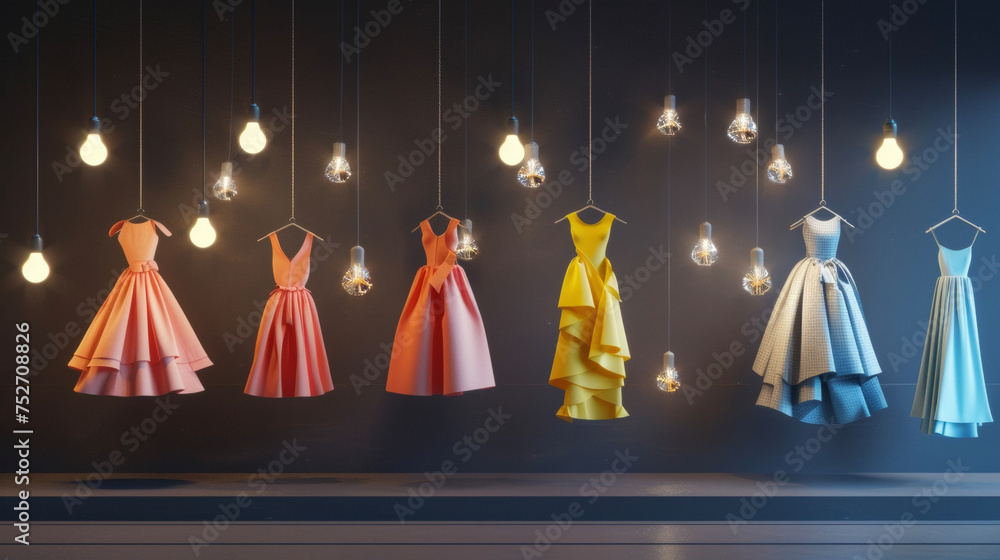 Poster a display of haute couture ensembles hanging on a string of lightbulbs creating a whimsical and drea