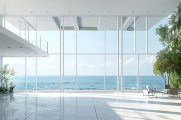Keuken spatwand met foto Expansive floor-to-ceiling windows in a luxury beach house overlooking the sea, on isolated white background, Generative AI © Box Milk