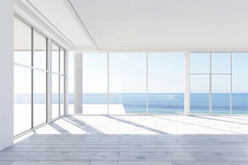 Expansive floor-to-ceiling windows in a luxury beach house overlooking the sea, on isolated white background, Generative AI