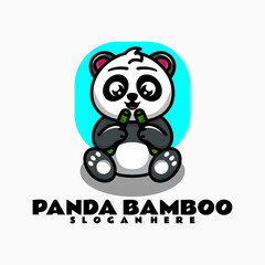 Vector Logo Illustration Panda Bamboo Mascot Cartoon Style.