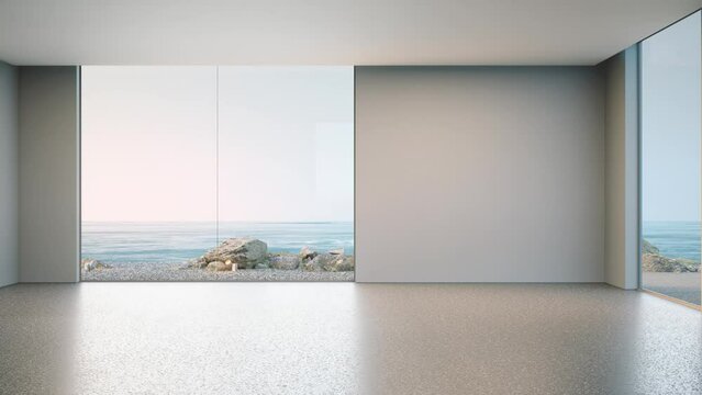 Blank wall on empty concrete floor of large living room in modern house or luxury villa. Minimal home interior 3d rendering with beach and sea view.