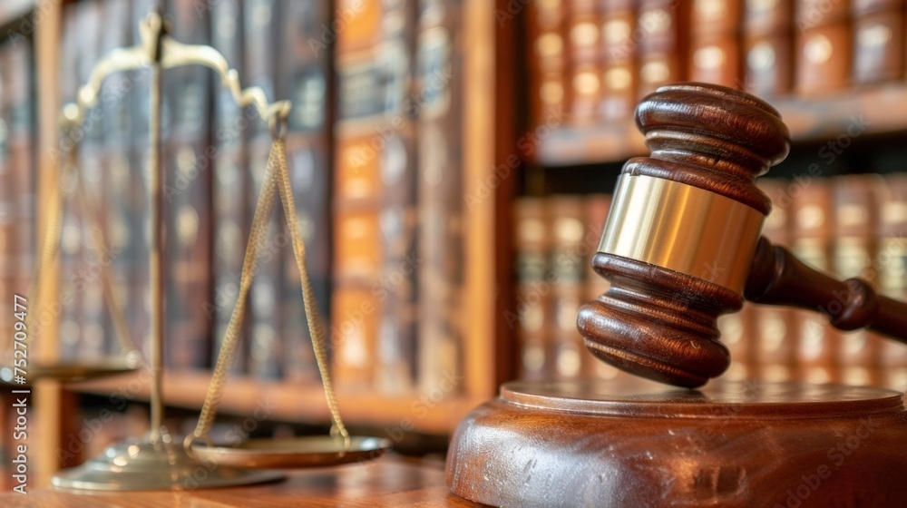 Aufkleber a gavel stands prominently in front of a bookshelf lined with law books conveying the importance of 