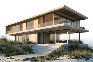 Modern beach house with a minimalist design and natural materials, blending seamlessly with the coastal landscape, on isolated white background, Generative AI
