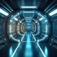 Spaceship corridor. Futuristic tunnel with light, Generative AI