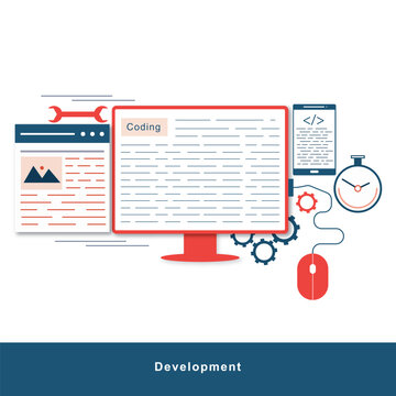 Concept of computer programming or developing software or game. Vector 3d illustration with coding symbols and programming windows. Concept of Information technologies and computer engineerin