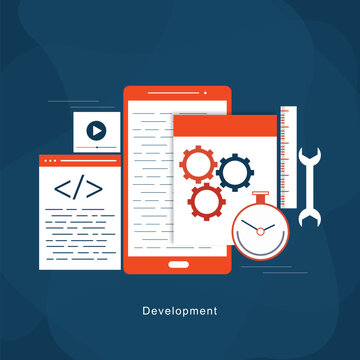 Concept of computer programming or developing software or game. Vector 3d illustration with coding symbols and programming windows. Concept of Information technologies and computer engineerin