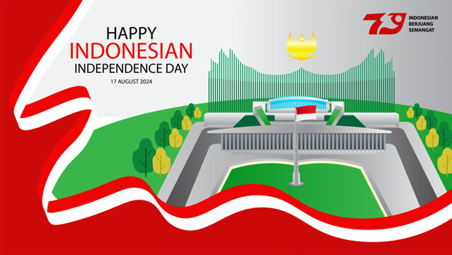 INDONESIAN INDEPENDENCE DAY BACKGROUND WITH INDEPENDENCE MONUMENT RIBBON FLAG