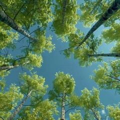 Viewing trees from a forest floor, observing their green canopies against a backdrop of blue sky.