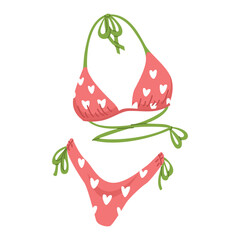 Women's pink swimsuit with a heart pattern. Summer leisure at sea and beach parties. Bright vector illustration for posters and scrapbooking, isolated on a transparent background.