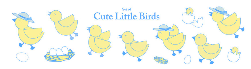 Set of cute little birds in hand drawn style. Adorable chicks family in pastel colors on transparent background for coloring book or textile pattern design for baby.
