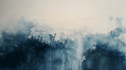 Subdued watercolor washes forming an abstract landscape on a workspace wall - obrazy, fototapety, plakaty