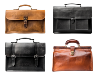 Set of an old leather briefcases isolated on transparent background