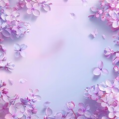 Beautiful Wide Angle soft spring background with lilac flowers. Panoramic pastel floral pink and purple template Web banner. greeting card with Copy Space. Illustration for Albums, notebooks
