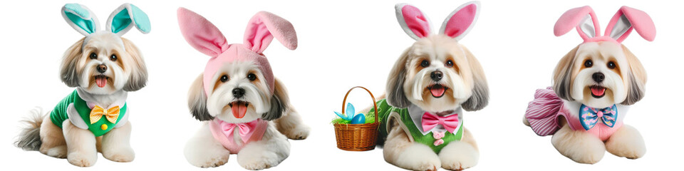 Cut Out Set of Happy Havanese Dog Dressed Up as Easter Bunny, Isolated on White Background