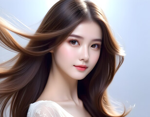Beautiful and cute female model with flowing glossy brown smooth, healthy and shiny hair. For care and hair products.