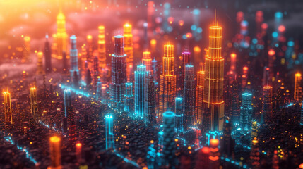 An informative infographic that presents the stock markets performance through a colorful futuristic cityscape. The buildings each representing a different industry or company - obrazy, fototapety, plakaty