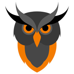 flat design illustration of an animal logo, dark furry owl with sharp eyes