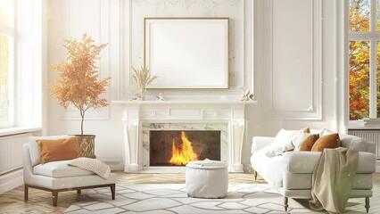 beautiful living room with fireplace and blank picture. white modern home architecture with fireplace. seamless looping overlay 4k virtual video animation background
