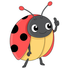 illustration of a doodle cartoon animal logo, a red ladybug insect showing a thumbs up