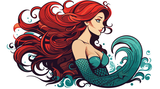 Iconic tattoo style image of a mermaid freehand drawing
