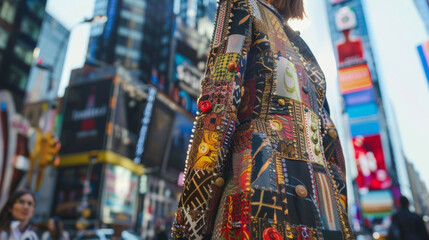 A streetstyle shot of a fashionista in a statement designer jacket walking in front of a bustling city intersection.