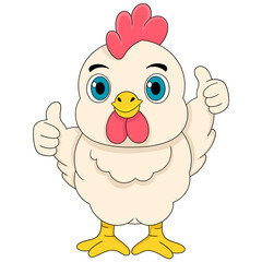 illustration of a doodle cartoon animal logo, The rooster is standing while giving thumbs up in both hands