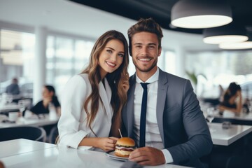 Fototapeta premium Smiling business couple with a burger, modern office background.