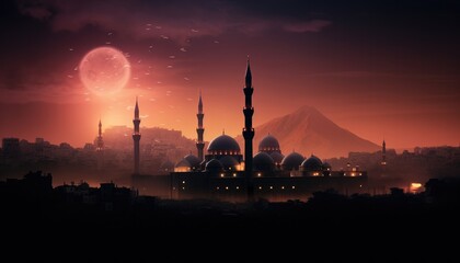 Mosque sunset sky, moon, holy night, islamic night and silhouette mosque. - obrazy, fototapety, plakaty