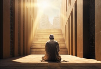 Islamic religion banner template. A Muslim man is facing the sunset and praying namaz or salah