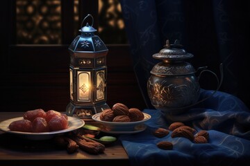Lantern that have moon symbol on top and small plate of dates fruit with night sky and city bokeh light background for the Muslim feast of the holy month of Ramadan Kareem.