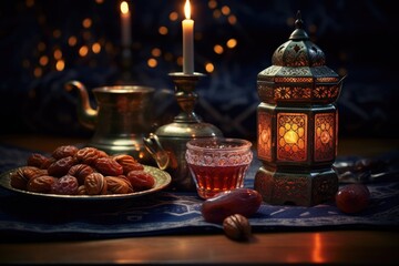 Obraz premium Lantern that have moon symbol on top and small plate of dates fruit with night sky and city bokeh light background for the Muslim feast of the holy month of Ramadan Kareem.