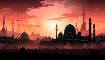 Fototapeta premium Mosque sunset sky, moon, holy night, islamic night and silhouette mosque.
