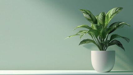 Dieffenbachia plant in a white pot on a green background, Minimal room for text, copy space