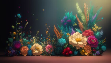 Colorful flowers on the green background, Generative Ai